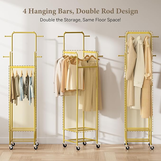 Chrislley Clothes Rack with Wheels, Small Rolling Garment Rack, 4 Hanging Rods - Image 4