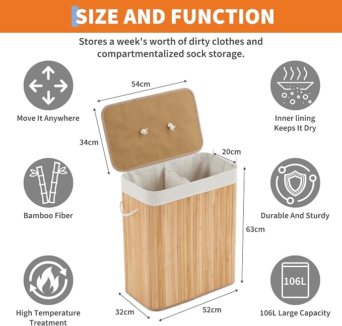 Large Laundry Hamper with Lid, 72l & 104l Capacity, Foldable Bamboo Frame with - Image 2
