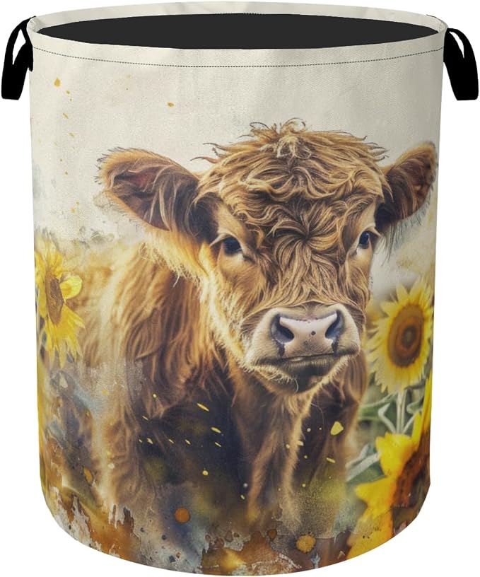 Sunflower Highland Cow Laundry Basket by Gearsly