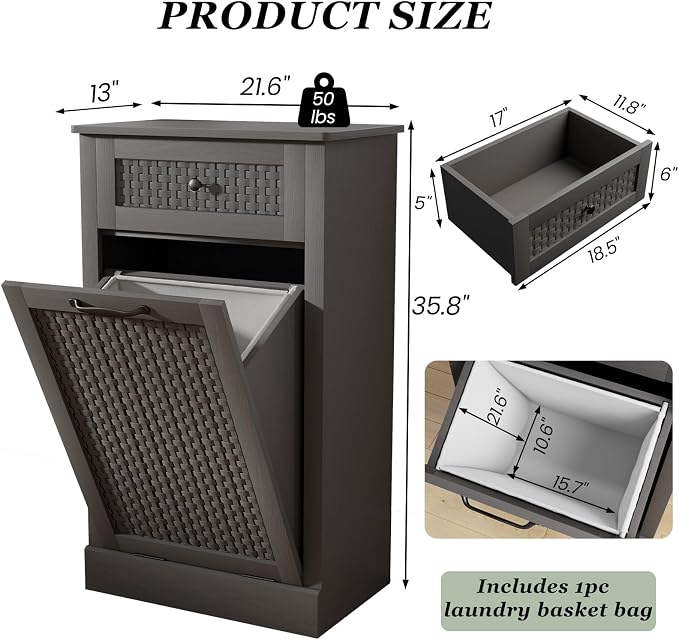 Tilt Out Laundry Hamper Cabinet, Rattan-Style Laundry Room Organization - Image 2