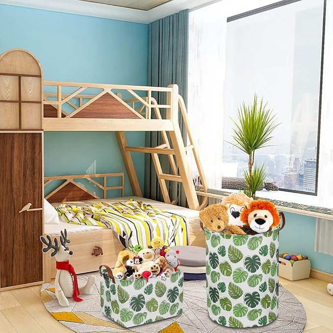 Round Green Laundry Hamper, Jungle Themed Nursery Decor, Tropical Pattern Basket - Image 2