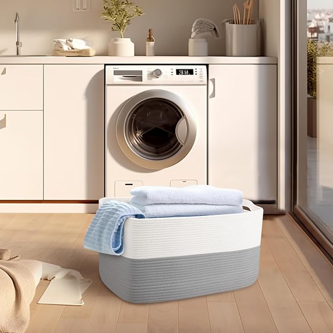 Extra Large Laundry Basket, Rectangle Woven Cotton Rope Storage Basket - Image 3