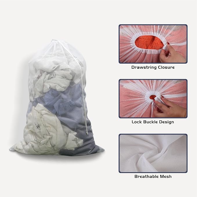 2 Pack Large Mesh Laundry Bag, 27×36inch White Laundry Hamper Liner, Heavy Duty - Image 2