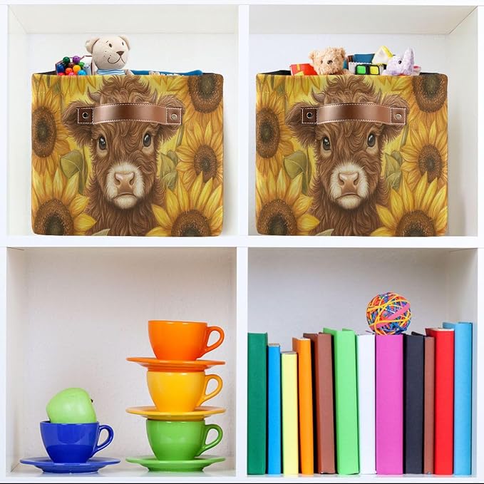 Cow Sunflowers Golden Rectangular Storage Bin Basket - Image 6