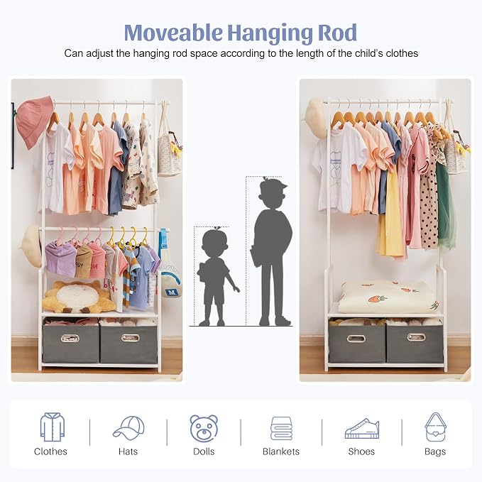 Kids Clothing Rack Bamboo with 2 Storage Baskets and 2 Adjustable Hanging Rods - Image 3