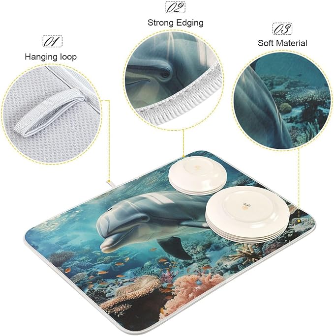 Summer Lifelike Ocean Coral Dolphin Absorbent Dish Drying Mat Microfiber - Image 3