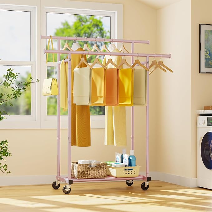 Double Rods Clothes Rack, Sturdy Rolling Clothing Rack, Portable Clothing Racks - Image 9