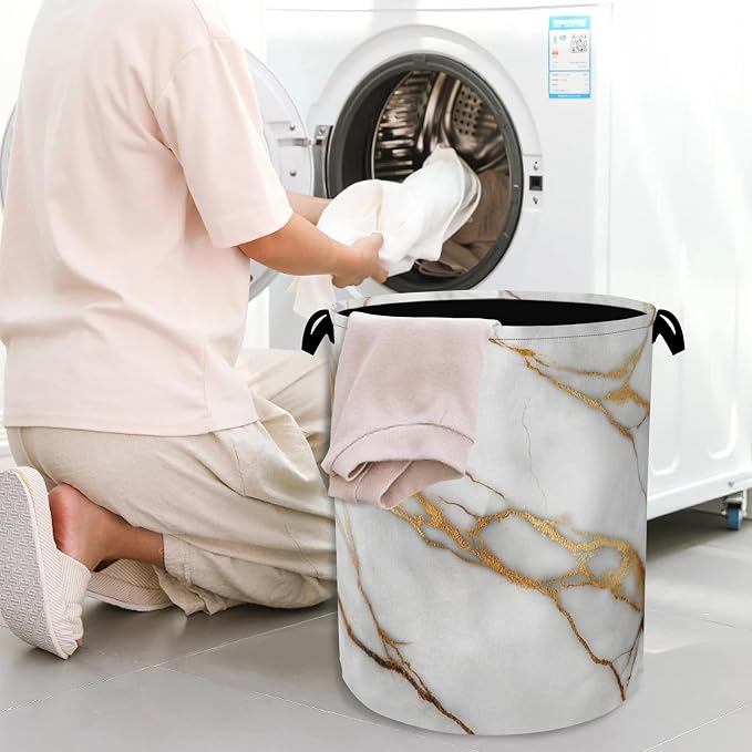 White Gold Marble Laundry Basket, Oxford Cloth Laundry Hamper - Image 7