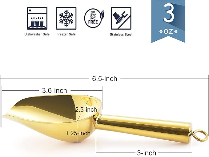 Mini Ice Scoop Set of 2, E-far 3 Ounce Gold Stainless Steel Scoops - Image 2