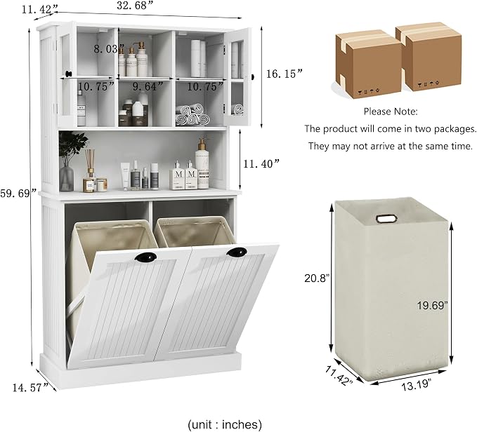 Tall Tilt-Out Double Doors Laundry Cabinet Hamper, Large Pull Out Laundry Room - Image 2