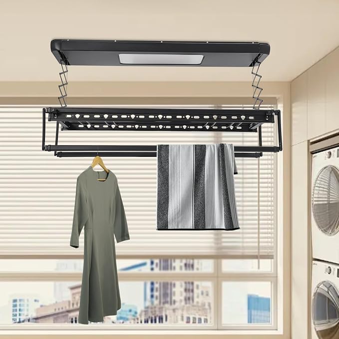 Electric Retractable Airing Rack Black, Ceiling Clothesline 77lbs Load - Image 8