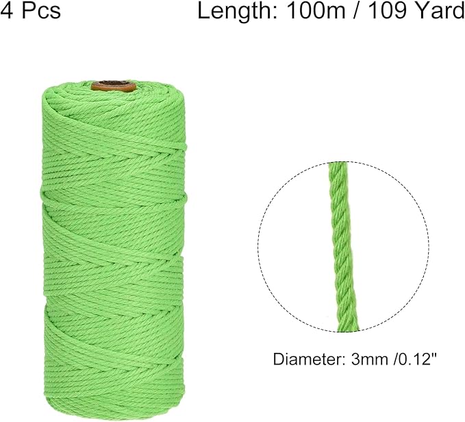 MECCANIXITY 4 Pcs Cotton Rope 4 Strand Twisted Braided Rope Cord, Bright Green - Image 2