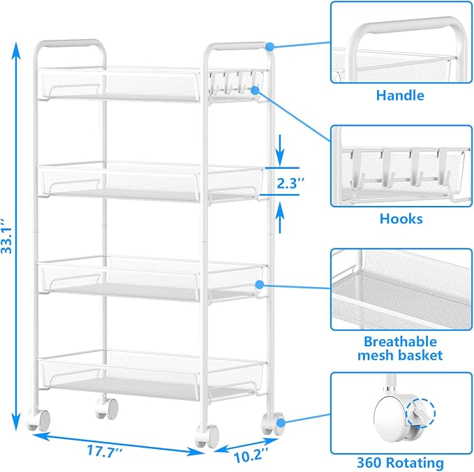 OVICAR 4 Tier Mesh Wire Rolling Cart, Kitchen Storage Organizer Utility Cart - Image 6