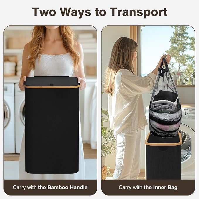 100L Laundry Hamper with Lid, Large Laundry Basket with Bamboo Handles - Image 3