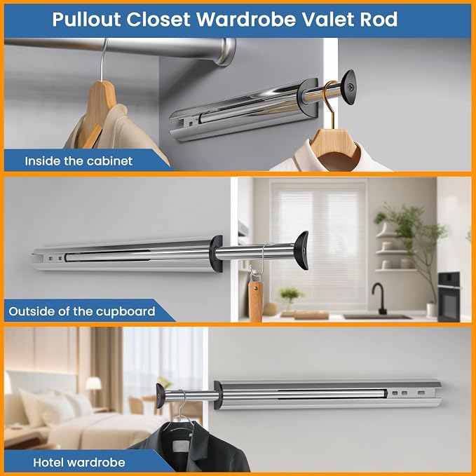 Valet Rod 14-Inch, Pull-Out Closet Clothes Closet Hanging RodMetal Telescoping - Image 6