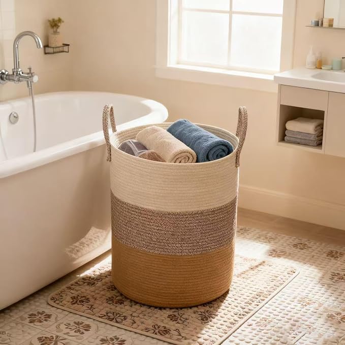 Laundry Basket, Woven Cotton Rope Laundry Hamper, 60L - Image 7