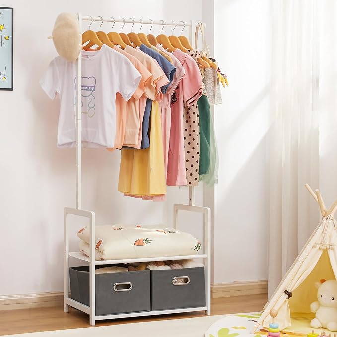 Kids Clothing Rack Bamboo with 2 Storage Baskets and 2 Adjustable Hanging Rods - Image 8