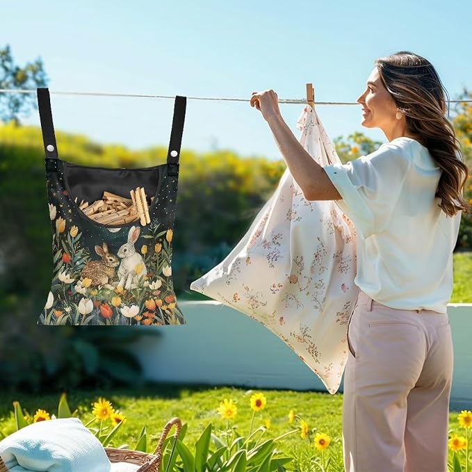 Floral Rabbit Print Adjustable Door-Hanging Laundry Clothespin Bag Clothespin - Image 2