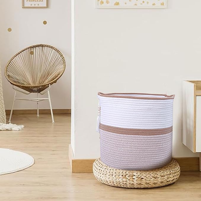 Large Woven Rope Laundry Hamper, Cotton Rope Storage Basket - Image 2