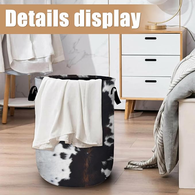 Brown Cowhide Laundry Basket, Cowskin Print Laundry Hamper Tote Bag Dirty - Image 6