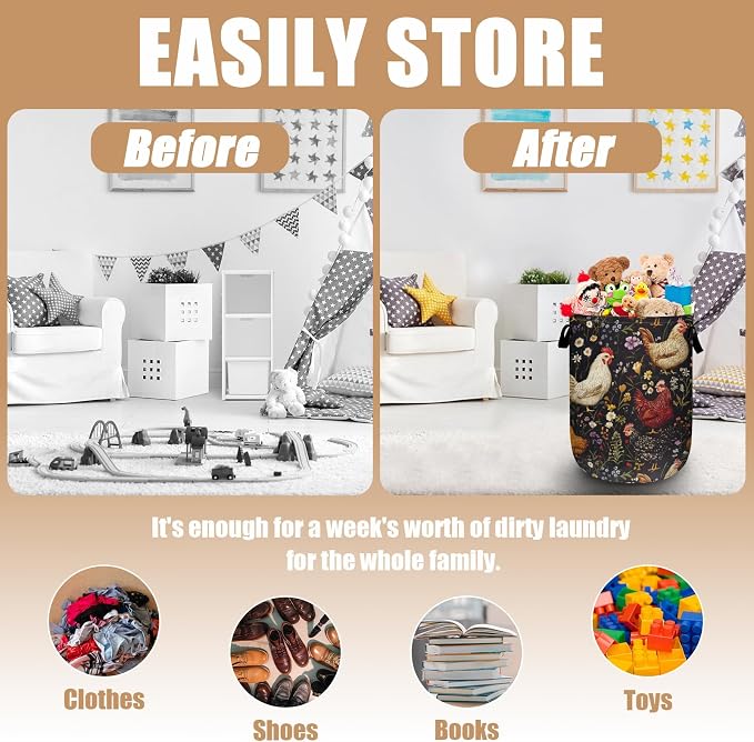 Retro Rooster Flower Laundry Basket, Chicken Laundry Hamper Tote Bag Dirty - Image 3