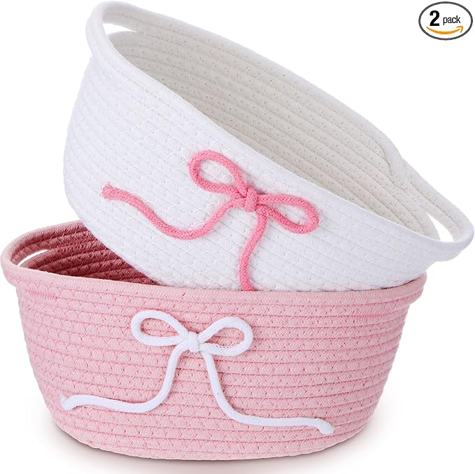 2 Pcs Pink Bow Storage Baskets Woven Cotton Rope Laundry Hamper by Glooglitter