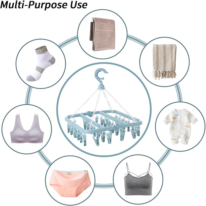 Clothes Drying Rack with 32 Clips, Foldable Hanging Rack, 360° Rotatable Hook - Image 3