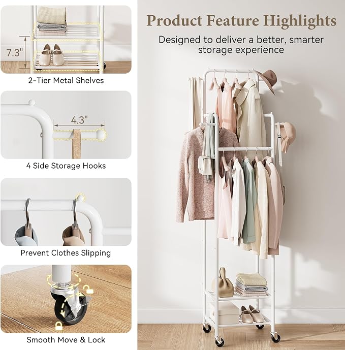 Chrislley Clothes Rack with Wheels, Small Rolling Garment Rack, 4 Hanging Rods - Image 5