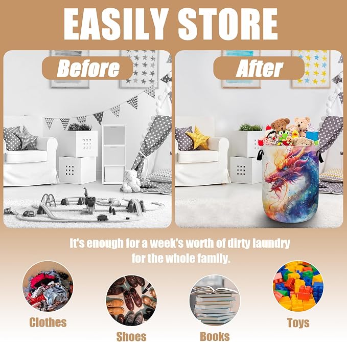 Colorful Dragon Laundry Basket, Foldable Waterproof Laundry Hamper Tote Bag - Image 3