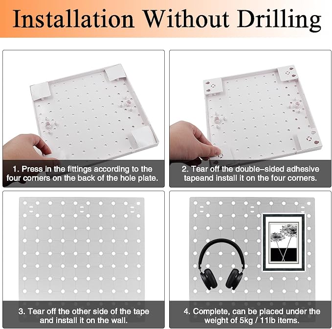 4 PCS White Pegboard Wall Organizer, Self-Adhesive Peg Board Wall Panel Kits - Image 3
