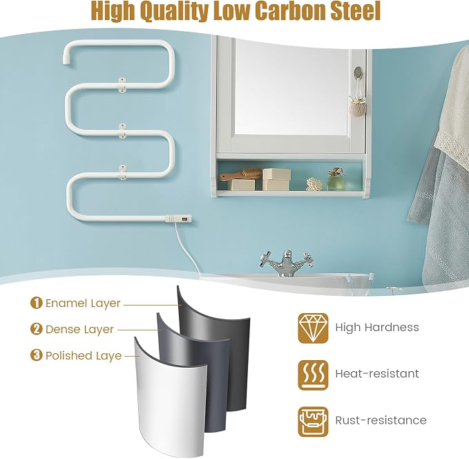 COSTWAY Heated Towel Warmer, Freestanding & Wall-Mounted 5-Bar Drying Rack - Image 3