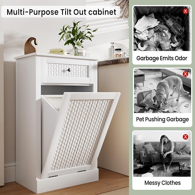 Tilt Out Laundry Hamper Cabinet, Rattan-Style Laundry Room Organization - Image 8