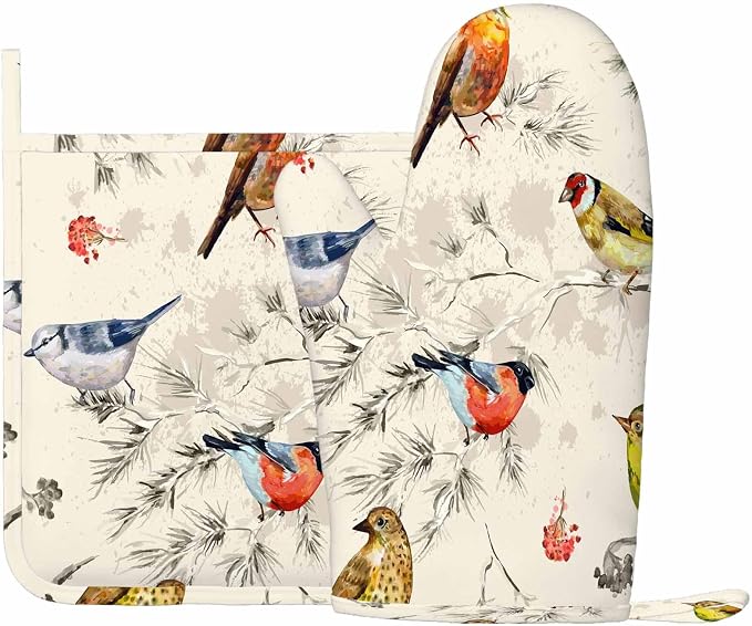 Mxocom Bullfinch Snowbird Tit Woodpecker Silicone Oven Mitts and Pot Holders - Image 2