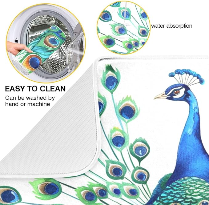 Vivid Pattern Extra Large Kitchen Dish Drying Mat, Elegant Peacock Spreads Tail - Image 4