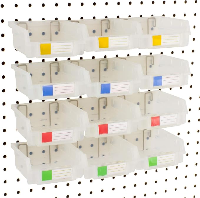 Pegboard Bins - 12 Pack Clear - Hooks to Any Peg Board - Organize Hardware by RightArrange