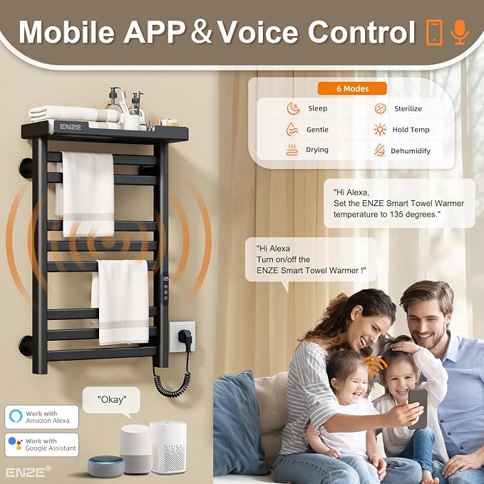 ENZE Smart Heated Towel Rack, 8-Bar Wall-Mounted Electric Towel Warmer - Image 2