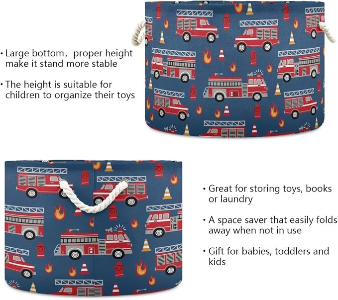 Fire Trucks Print Round Storage Basket Red Fire Fighting Supplies Large Laundry - Image 5