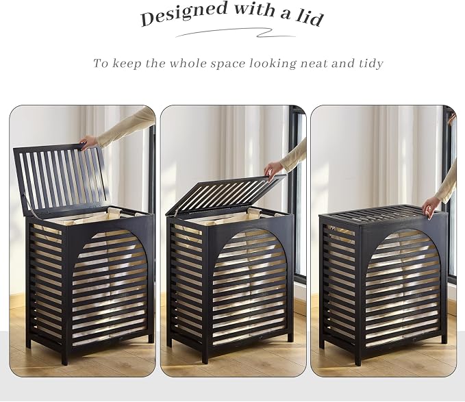 Laundry Hamper with Lid, Bamboo Clothes Laundry Basket with Handles, Removable - Image 7