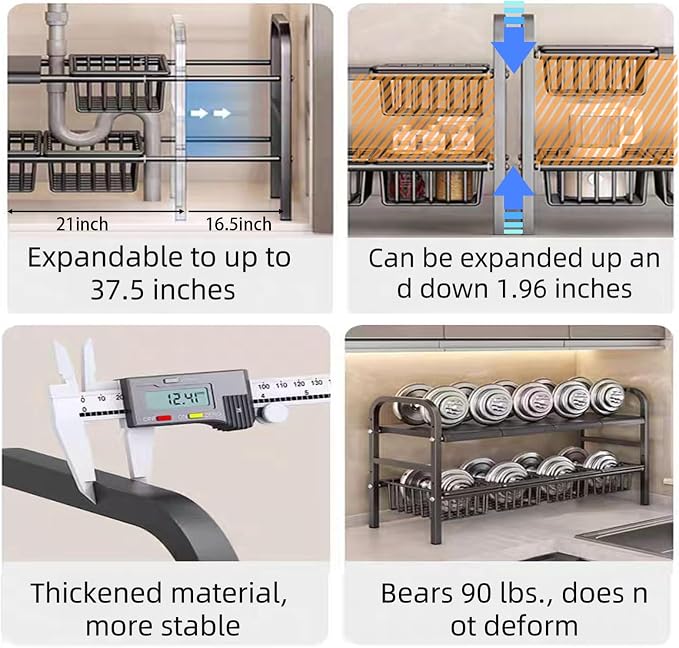 Under Sink Organizer，2 Tier Expandable Heavy Duty Metal Shelf，with 5 Removable - Image 6