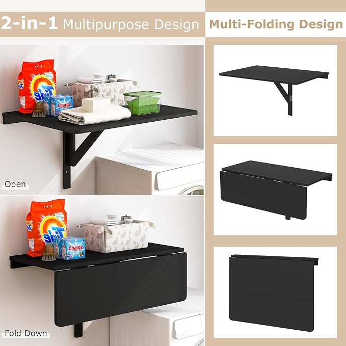 Giantex Wall Mounted Folding Table, 31.5" x 23.5" Wood Murphy Drop-Leaf Table - Image 5