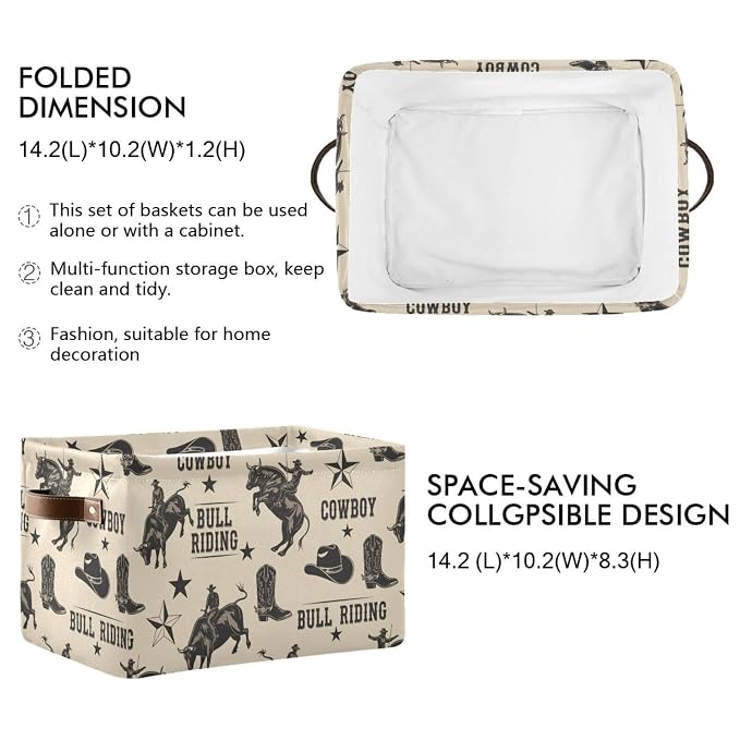 Western Cowboy Beige Rectangular Storage Bin Basket - Image 2