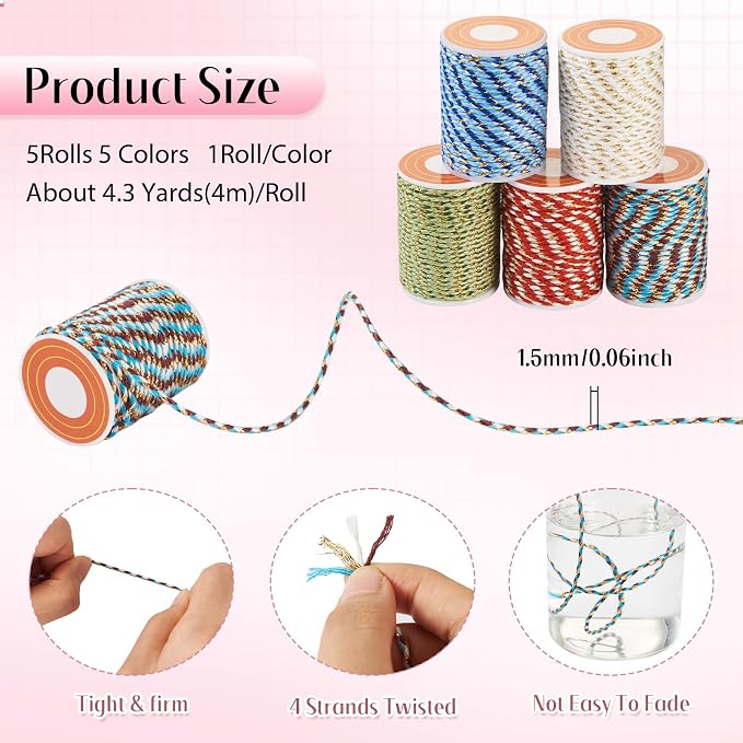 21.5 Yards 1.5mm Macrame Cotton Cord 4-Ply Gold Wire Braiding Beading Thread - Image 2