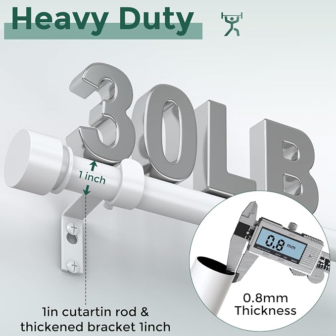 White Curtain Rods for Windows 28 to 48 Inch, Heavy Duty 1'' Diameter - Image 3