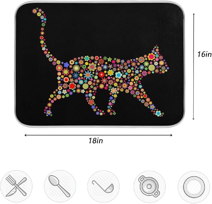 Trendy Flower Cat Absorbent Dish Drying Mat Microfiber Kitchen Countertop Table - Image 4