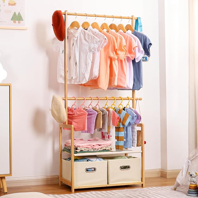 Kids Clothing Rack Bamboo with 2 Storage Baskets and 2 Adjustable Hanging Rods - Image 9