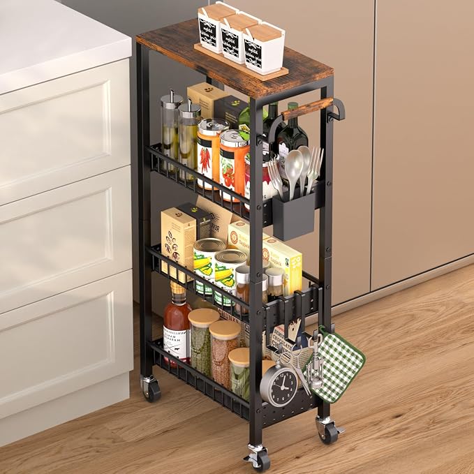 Slim Rolling Storage Cart, 4 Tier Small Organizer Cart by DTUQYX