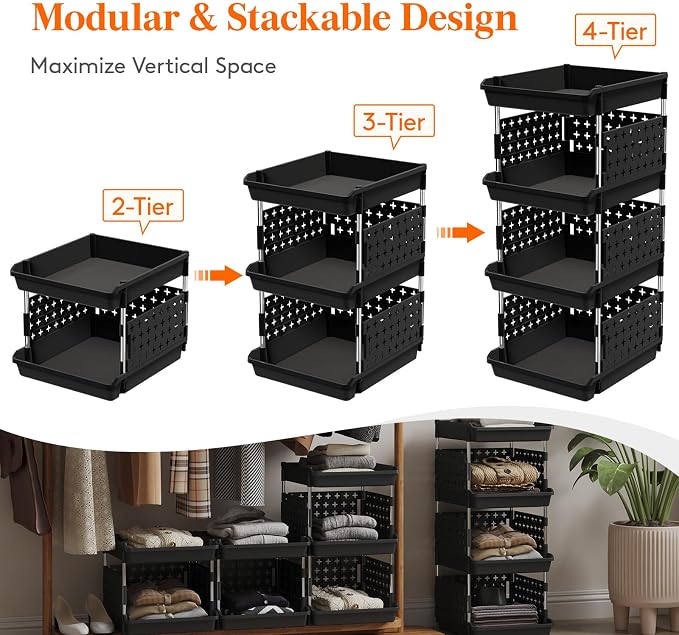 Lifewit Plastic Stackable Storage Baskets, 4 Tier Stacking Bins - Image 5