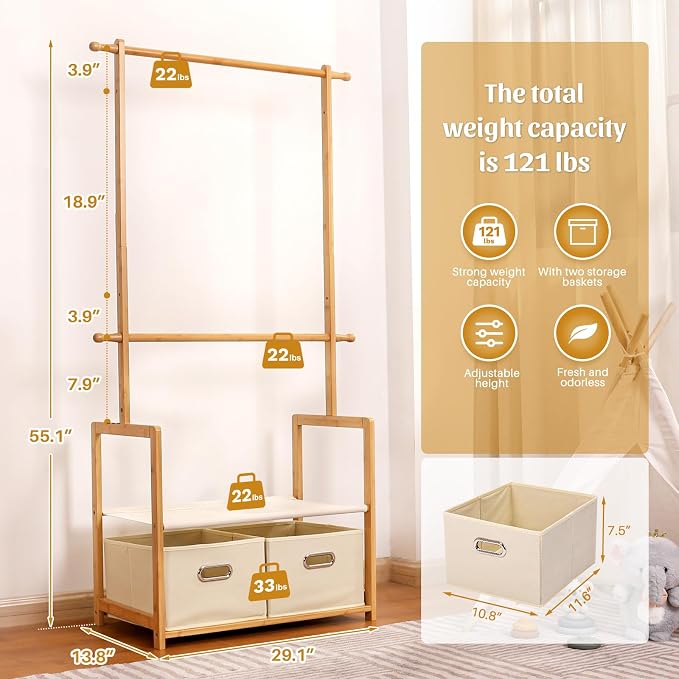 Kids Clothing Rack Bamboo with 2 Storage Baskets and 2 Adjustable Hanging Rods - Image 7