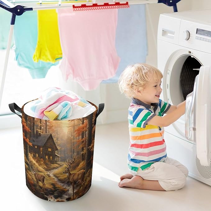 Autumn Forests Deers Round Laundry Bag Collapsible Storage Hamper Basket - Image 6