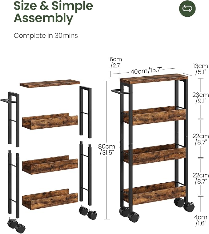 4-Tier Slim Storage Cart, 5.1'' Kitchen Serving Trolley, Slim Rolling Cart - Image 4